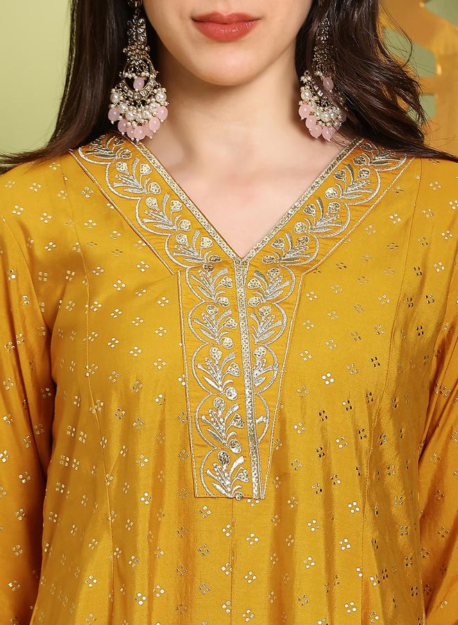 globus Women Mustard Zari Embroidered Kurta and Wide Leg Pants Set - Image 3